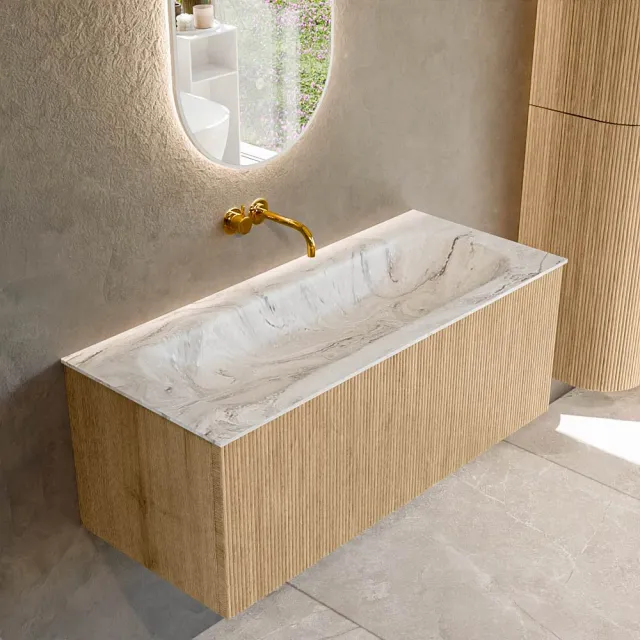 Mondiaz KURVE-DLUX 110 cm Onderkast Greeploos 1 Lade Zonder Deuren Oak, Wastafel Solid Surface Volledig Glace 0 Kraangaten Zonder Spiegel (KRVBGM1101L0D0KM-Oak/Gla)