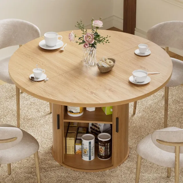 Hommpa Ronde Eettafel 120 cm met Opbergruimte – Houten Keukentafel voor 4 Personen met 2-Laags Opbergplanken en Schuifdeur – Moderne Dining Tafel met Stevige Voet – Naturel