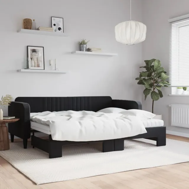vidaXL Slaapbank onderschuifbed en matrassen 80x200 cm fluweel zwart
