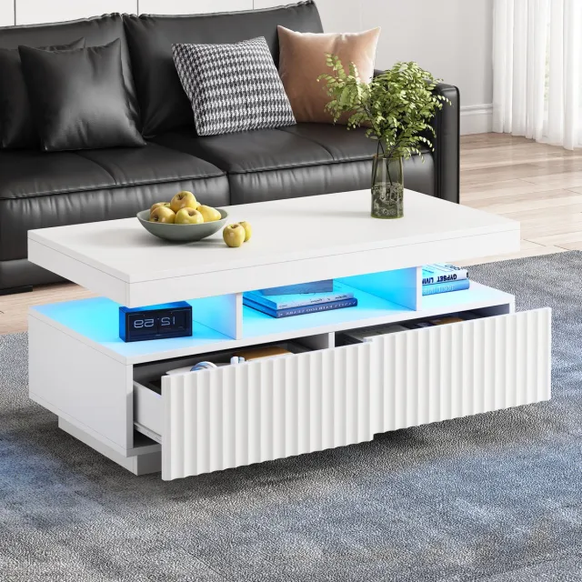 Wishdor Salontafel - 2 lades en open opbergruimte - LED lichtstrip met appbediening - Modern - Woonkamer en zithoek - Houtlook - Wit - 100 x 50 x 45 cm