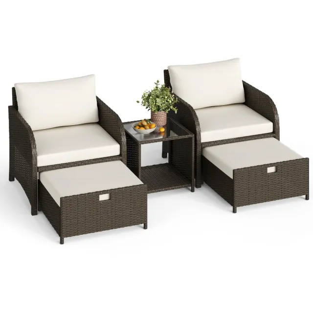 Triumpunpre Tuinmeubelset Lounge Set 5-delig, Rattan Bank met Dikke Kussens, 2 Hockers en Opbergtafel, Weerbestendig PE Rotan, Voor Balkon, Tuin, Veranda, Achtertuin, Beige