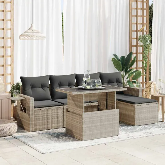 vidaXL 6-delige Loungeset met kussens poly rattan lichtgrijs grijs, foto 2