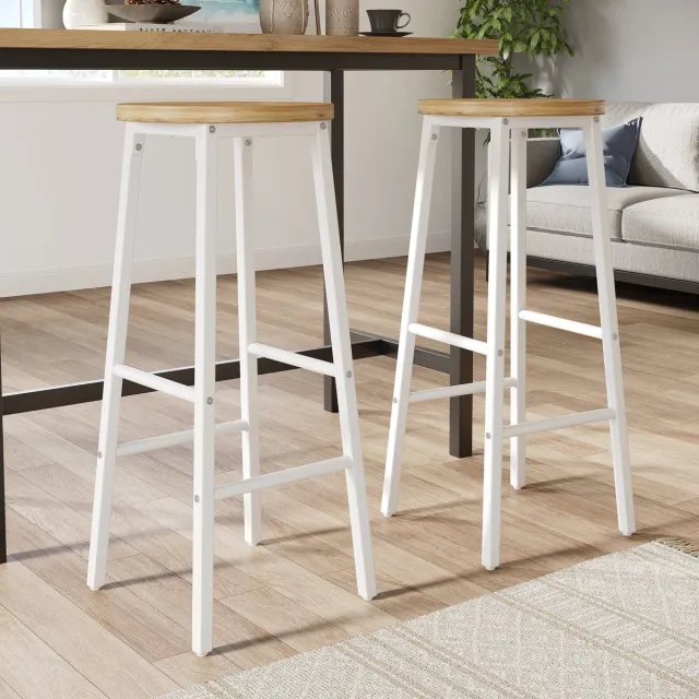 MEUNIQ barkruk set van 2 70 cm met ronde zitting in houtlook, wit metalen frame, dubbele voetsteunen en verstelbare poten, voor keukeninsel en bar