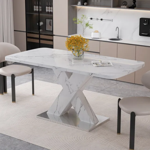 DESMIU Eettafel - Uitschuifbaar Design - Voor Eetkamer En Gezinsgebruik - MDF En Staal - Wit Marmerlook - 120 Tot 160 X 80 X 76,5 Cm