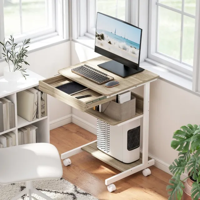 OKWISH Computerbureau 56 X 51 Cm - Met Lade En Planken - Verrijdbaar Met Vergrendelbare Wielen - Spaanplaat En Metaal - Eiken