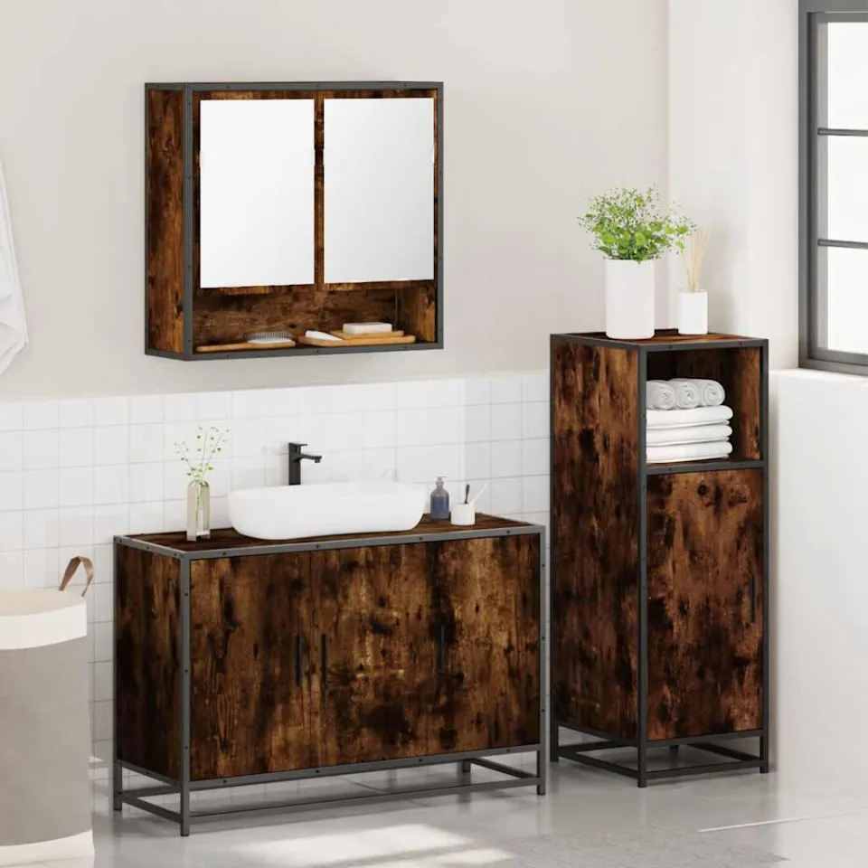 vidaXL 3-delige Badkamermeubelset bewerkt hout gerookt eikenkleurig, foto 4
