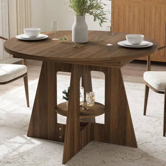 HOERFURIY Ronde eettafel met opbergplank – Moderne houten keukentafel – draagvermogen 500 lbs – krasbestendig oppervlak – kruisvoet – 110×110×76 cm – licht walnootkleurig