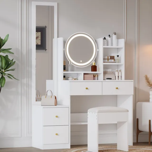 COVREO Kaptafel 109x36x164 cm wit met 4 lades, led-spiegel en draaibare make-upspiegel White