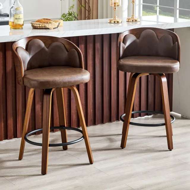 KOMHTOM Set van 2 barkrukken - Rugleuning met bloemmotief - Gebogen hout - PU-leer - Metalen voetsteun - Modern bruin