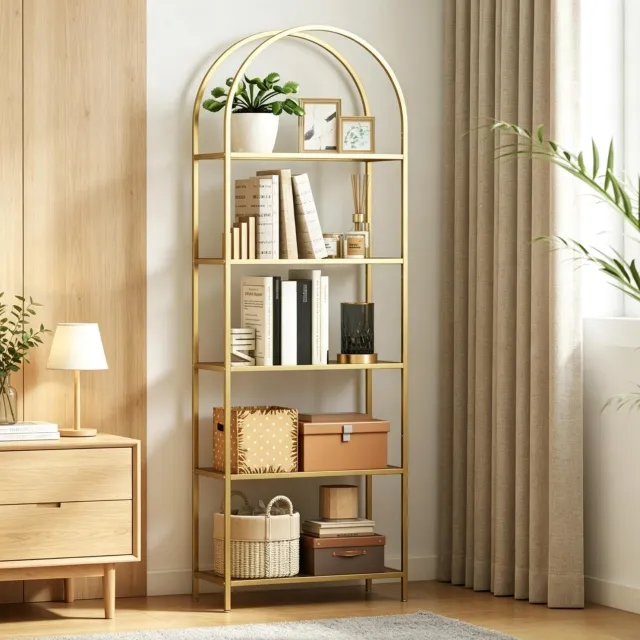 DESMIU Boekenkast - Vijf Glazen Planken en Boogvormige Bovenzijde - Voor Woonkamer en Kantoor - Goudkleurig Staal en Gehard Glas - 60 x 30 x 175 cm