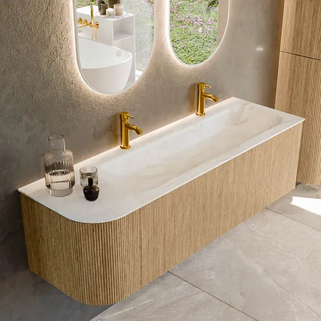 Mondiaz KURVE-DLUX 145 cm Onderkast Greeploos 1 Lade Met Deuren Oak, Wastafel Solid Surface Rechts Ostra 2 Kraangaten Zonder Spiegel (KRVBGL145L1L1D2KR-Oak/Ost)
