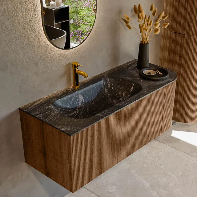 Mondiaz KURVE-DLUX 115 cm Onderkast Greeploos 1 Lade Met Deuren Walnut, Wastafel Solid Surface Links Lava 1 Kraangat Zonder Spiegel (KRVBGS115R1L1D1KL-Wal/Lav)