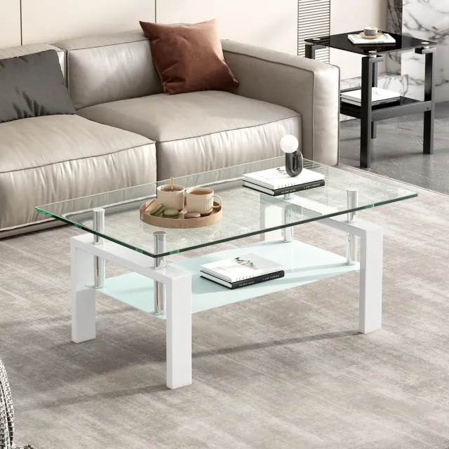 DESMIU Salontafel – Modern Tafelblad Van Gehard Glas Met Twee Niveaus – Voor Woonkamer En Compacte Ruimtes – Metaal En Glas – Wit – 100x60x44 Cm