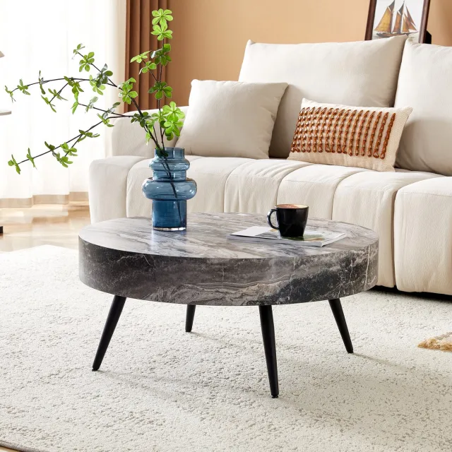 intebiki Ronde salontafel met een diameter van 70 cm in grijs marmerlook (MDF) en zwarte metalen poten. Minimalistisch design, ideaal voor woonkamers en kleinere ruimtes. Zwart, grijs