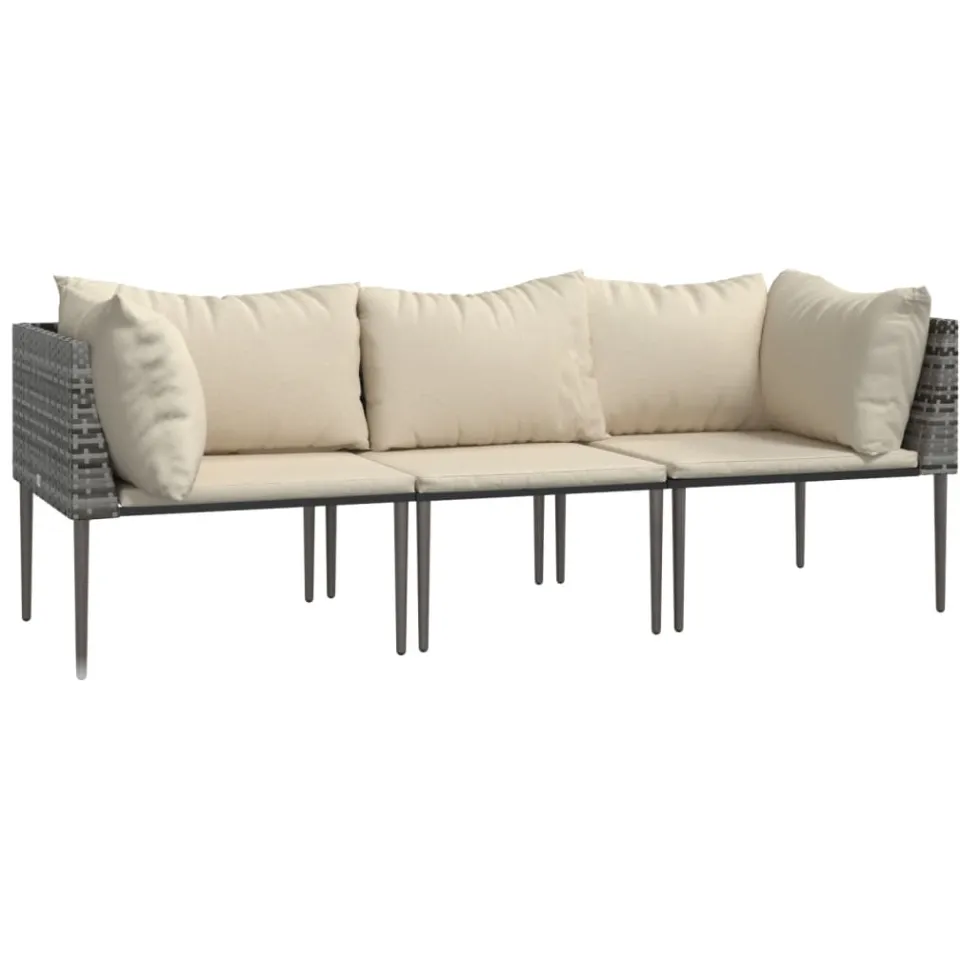 vidaXL 3-delige Loungeset met kussens poly rattan grijs