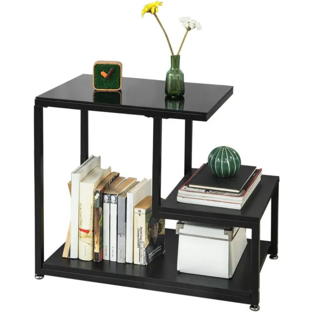 SoBuy FBT65-Sch Bijzettafel Zwart – Glazen Salontafel met 3 Planken – Moderne Design Tafel voor Woonkamer & Lounge – 65×55×35 cm