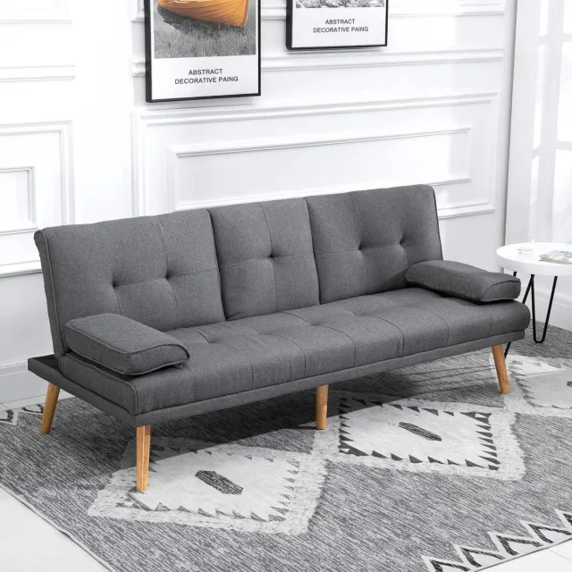 FloraGrace Slaapbank 3-Zits Met Klaptafel En Bekerhouder - Scandinavisch Design Voor Woonkamer - Polyester - Donkergrijs