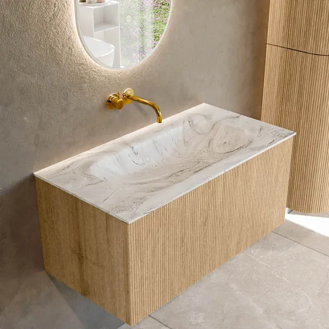 Mondiaz KURVE-DLUX 90 cm Onderkast Greeploos 1 Lade Zonder Deuren Oak, Wastafel Solid Surface Midden Glace 0 Kraangaten Zonder Spiegel (KRVBGS901L0D0KM-Oak/Gla)