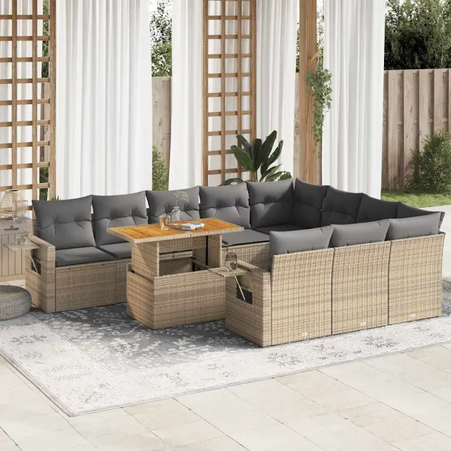 vidaXL 11-delige Tuinset met kussens poly rattan beige, foto 2