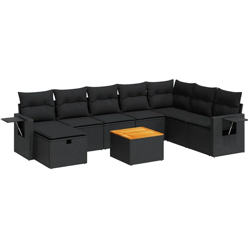 vidaXL 9-delige Loungeset met kussens poly rattan zwart, foto 3