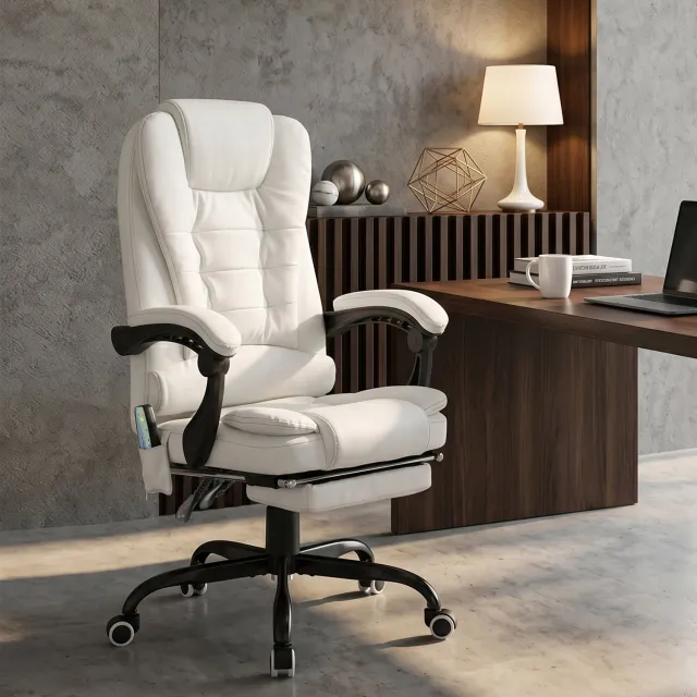 MUVANO Bureaustoel met massagefunctie - Uitschuifbare voetensteun - Kunstleren bekleding - 67 x 79 x 111-121 cm - Hoogte verstelbaar - Voor kantoor en thuis - Wit