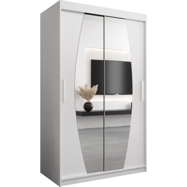 InspireME Kledingkast met 2 schuifdeuren, Modern-stijl, Een kledingkast met planken en een spiegel (BxHxD): 120x200x62 - GLOBE 120 Wit Mat met 2 lades