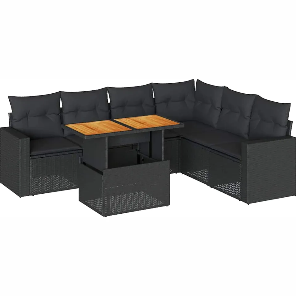vidaXL 7-delige Loungeset met kussens poly rattan zwart, foto 3