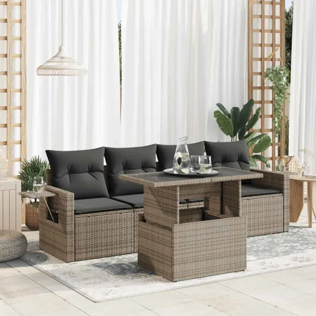 vidaXL 5-delige Loungeset met kussens poly rattan grijs, foto 2