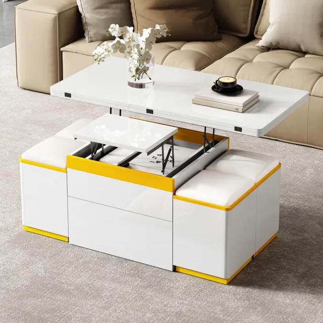 MEUNIQ Salontafel 100 x 50 x 43 cm – opklapbaar en hoogte instelbaar, met lades, open vakken en 4 opbergkrukken, wit en geel