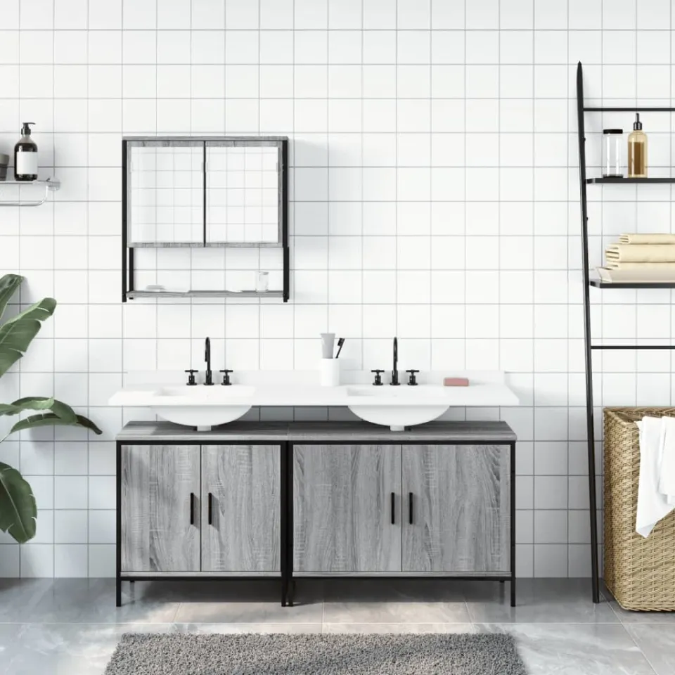 vidaXL 3-delige Badkamermeubelset bewerkt hout grijs sonoma eikenkleur, foto 2
