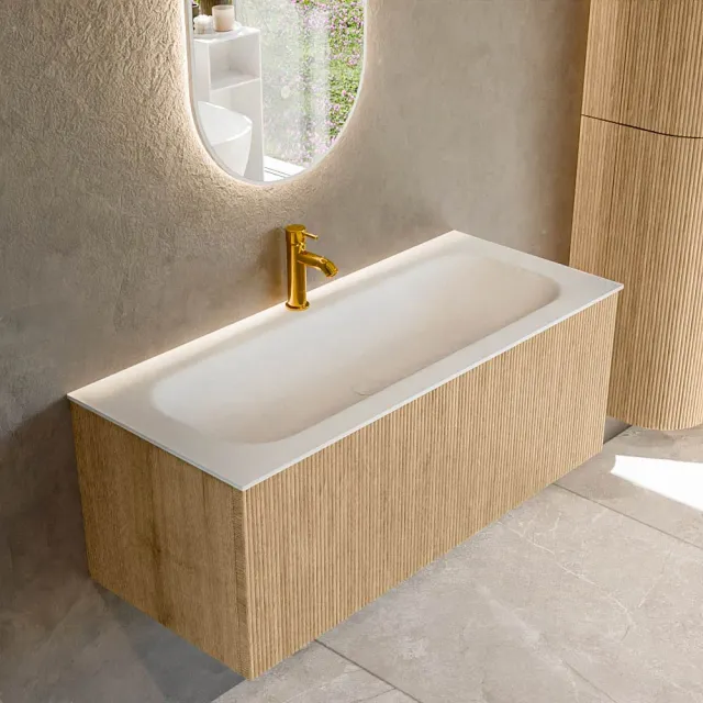 Mondiaz KURVE 110 cm Onderkast Greeploos 1 Lade Zonder Deuren Oak, Wastafel Solid Surface Volledig Talc 1 Kraangat Zonder Spiegel (KRVBGM1101L0D1KM-Oak/Tal)
