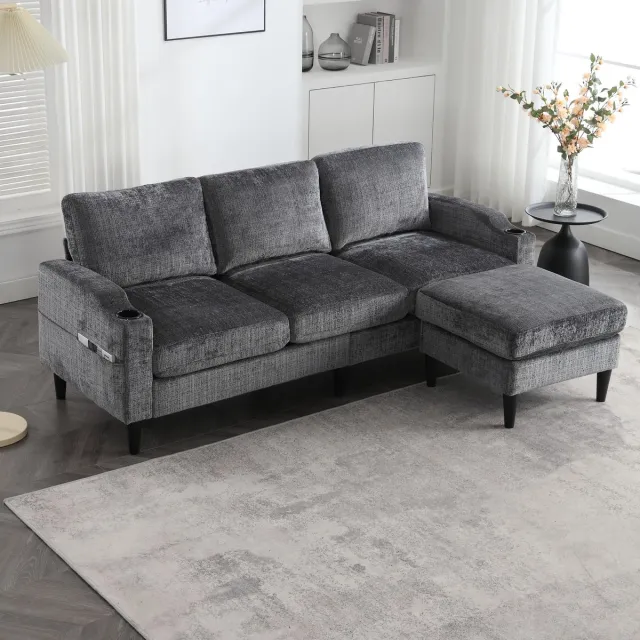 Sweiko Bank - Opbergruimte - 4-zits bank - Met hocker - Bekerhouder - Velvet - Grijs