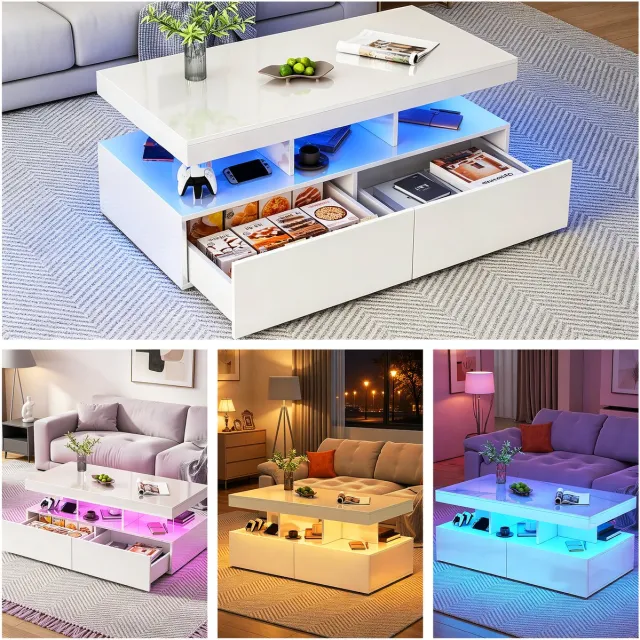 ROSAHQNDA Salontafel met 2 lade， woonkamertafel met LED ,Banktafel，Hoogglans, Afgesloten opslagruimte, voor woonkamer,wit， 104x53x46cm