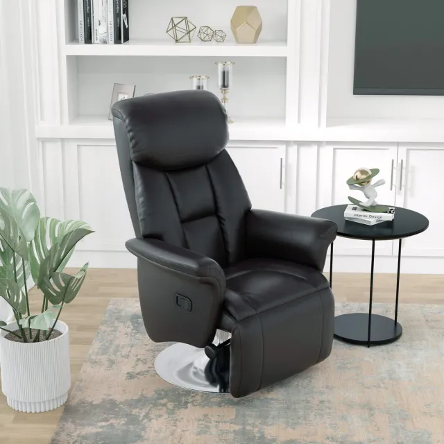 REDOM Relaxfauteuil - Handmatig verstelbaar - 360° draaibaar - Uitklapbare voetensteun - Kunstleer - Woonkamer en slaapkamer - Zwart - 78 x 80 x 109 cm