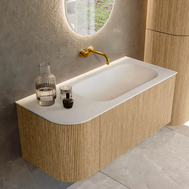 Mondiaz KURVE 105 cm Onderkast Greeploos 1 Lade Met Deuren Oak, Wastafel Solid Surface Rechts Talc 0 Kraangaten Zonder Spiegel (KRVBGS105L1L1D0KR-Oak/Tal)