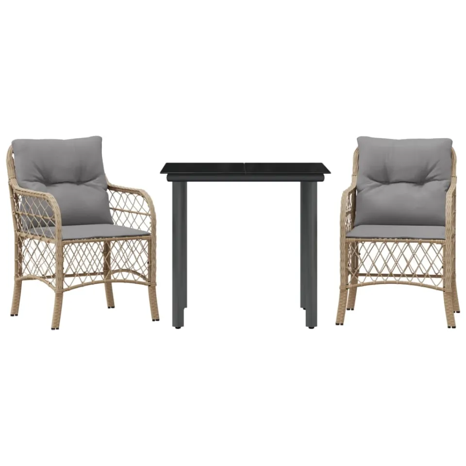vidaXL 3-delige Bistroset met kussens poly rattan gemengd beige, foto 3