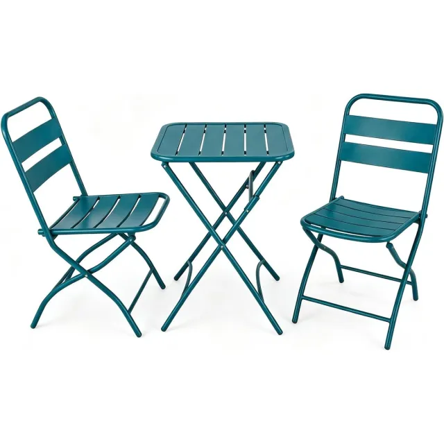 HOERFURIY Vouwbaar tuinset 3-delig - petrol blauw - tafel + 2 stoelen - metaal - weerbestendig - voor balkon en terras pauwgroen