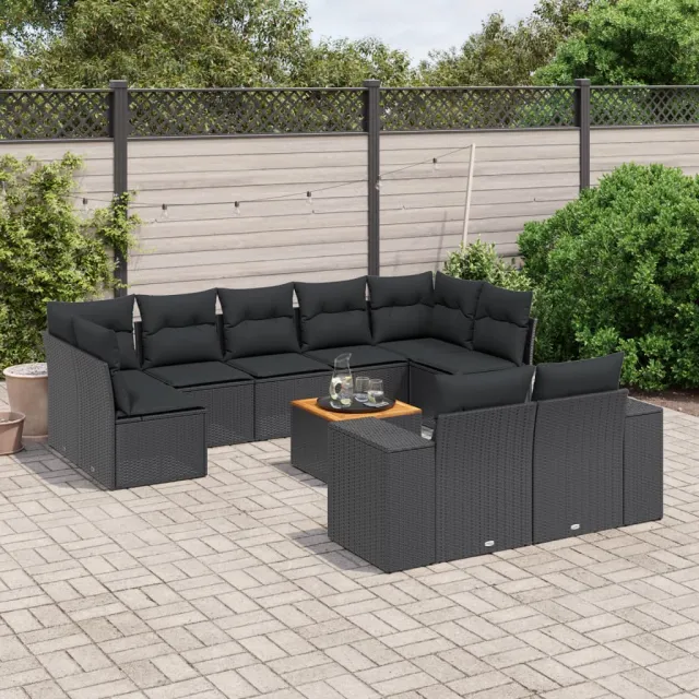 vidaXL 10-delige Loungeset met kussens poly rattan zwart, foto 2