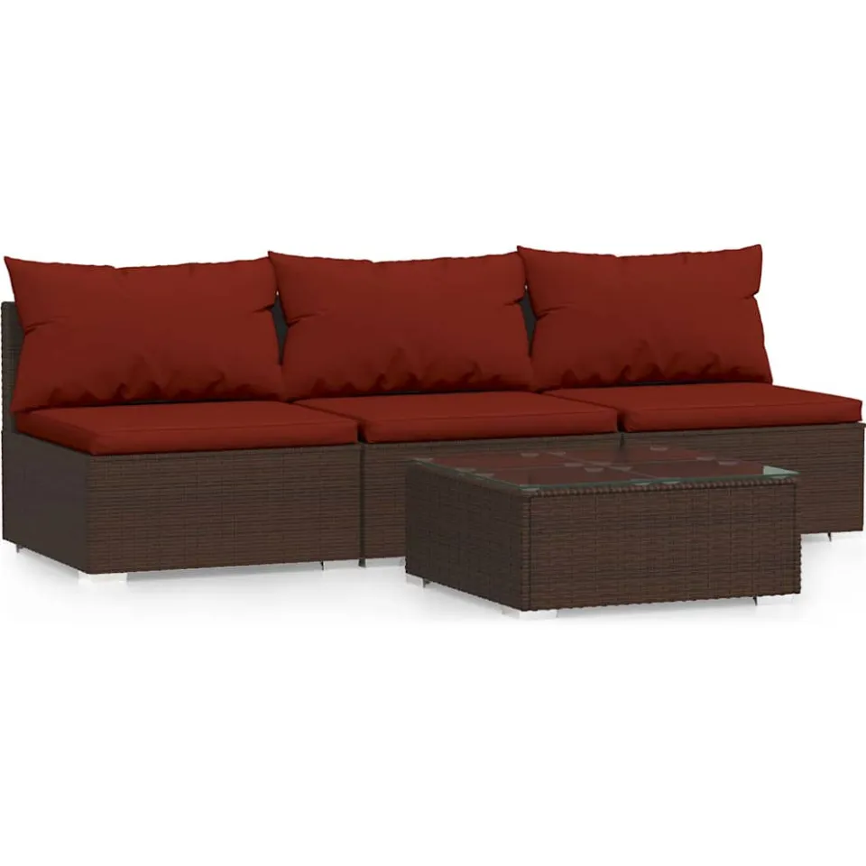 vidaXL 4-delige Loungeset met kussens poly rattan bruin, foto 3