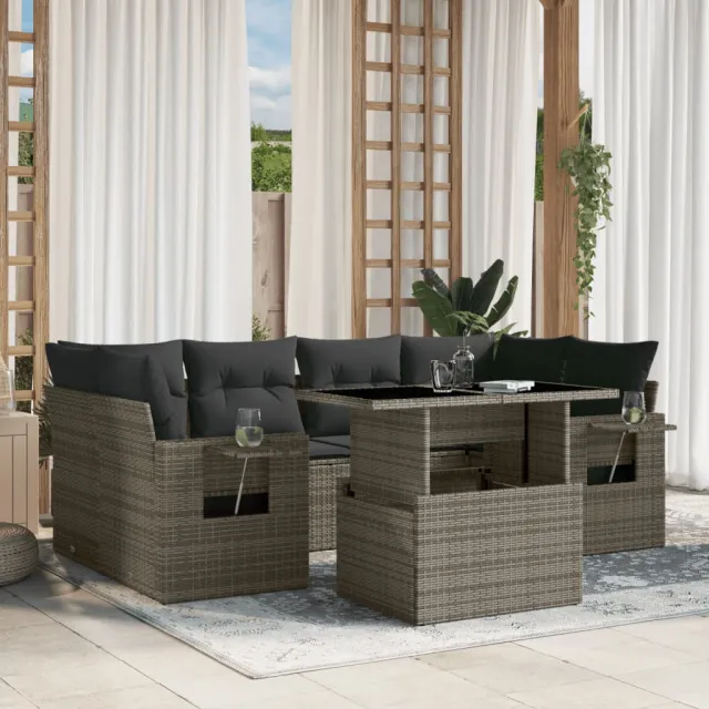 vidaXL 7-delige Loungeset met kussens poly rattan grijs, foto 2