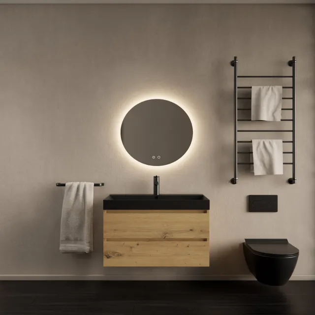 Gliss Design Badkamermeubelset Gliss Design Milan Met Lako Mat Zwarte Wastafel 80 Cm Artisan Oak Eiken
