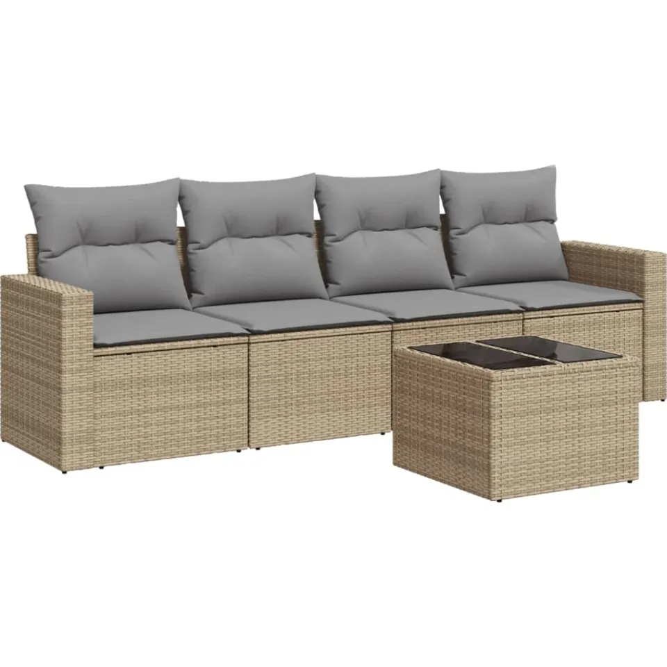 vidaXL 5-delige Loungeset met kussens poly rattan beige