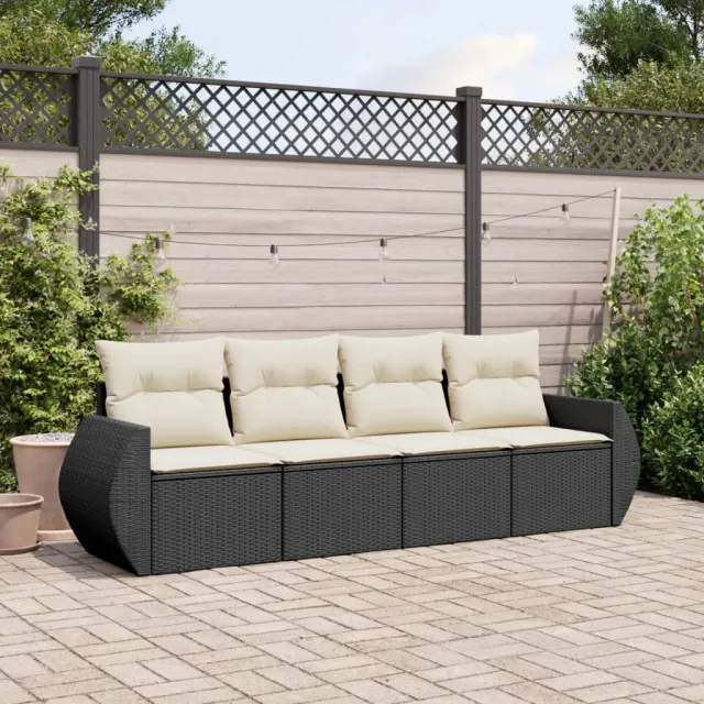 vidaXL 4-delige Loungeset met kussens poly rattan zwart, foto 2
