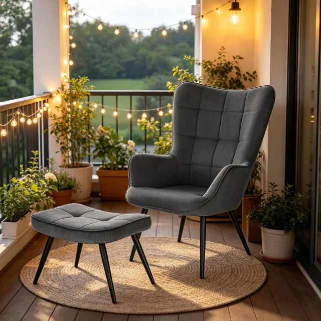 CHICFURN Fauteuil - Met hocker - Metalen poten - Donkergrijs