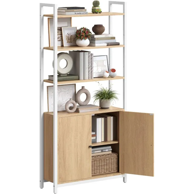 Vasagle Boekenkast - Met Verstelbare Planken - 6 Niveaus - Deuren - Metalen Frame Eikenkleur-wit