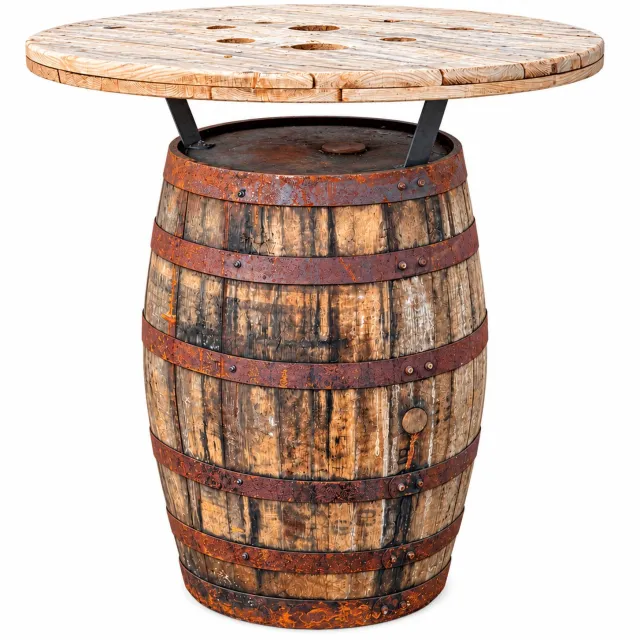 Wijnvaten.nl Statafel van whiskyvat 190 liter met houten haspelblad Bruin