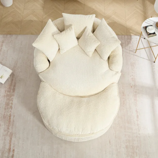DESMIU Fauteuil 190,5 x 138 x 63 cm - Ronde Fauteuil Met Voetenbank En Kussens - Voor Woonkamer, Balkon En Projectieruimte - Polyester Beige