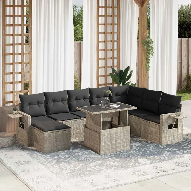 vidaXL 9-delige Loungeset met kussens poly rattan lichtgrijs grijs, foto 2