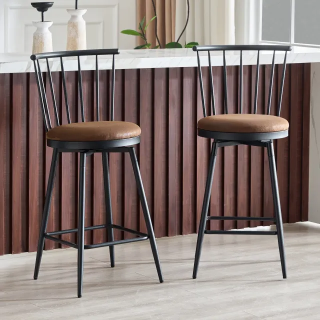 MIVRAY Barkruk Set van 2 - Met Rugleuning en Gevoerde Zitting - Voor Keuken Eiland, Bar en Restaurant - Metaal en Stof - Bruin