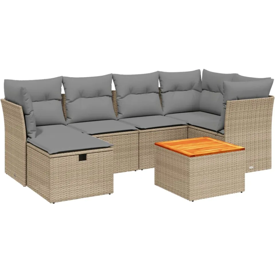 vidaXL 7-delige Loungeset met kussens poly rattan gemengd beige, foto 3